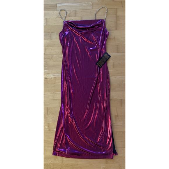 NWT Bebe Metallic Cowl Neck Dress Rhinestone Straps Purple L - Picture 2 of 3